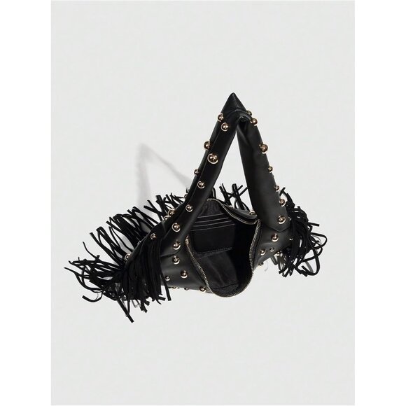 Black Women's Fringe Studded Faux Leather Shoulder Bag Zipper Handbag - Picture 3 of 4